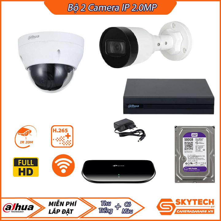 Combo Trọn Bộ 2 Camera Dahua IP 2.0MP - Thu Tiếng - Có Màu