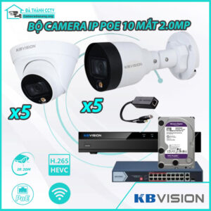 Combo Trọn Bộ 10 Camera KBvision IP POE 2.0MP - Thu Tiếng - Có Màu